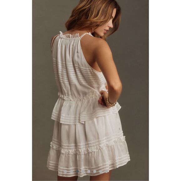 Anthropologie White Dress‎ Halter Tie Neck Tiered Mini size Large - Picture 2 of 5